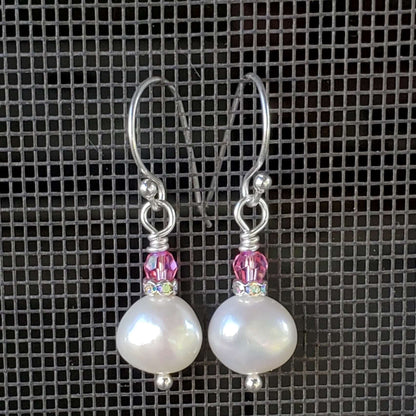 10mm Freshwater Baroque Pearl Sterling Silver Crystal Dangle Earrings