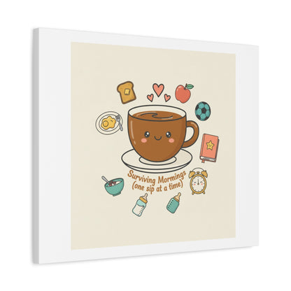 Surviving Mornings (One Sip at a Time) Canvas | Parenting Morning Humor, Coffee & Kids