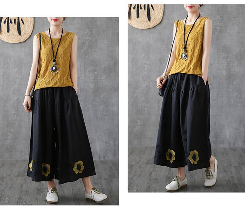 Ladies New Summer Retro Hemp Embroidered Flower Pants