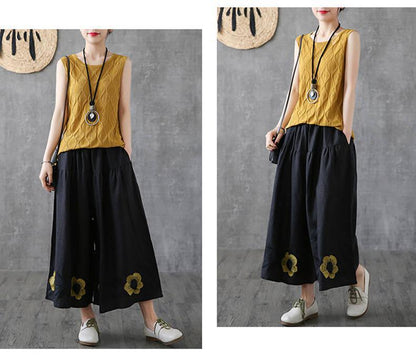 Ladies New Summer Retro Hemp Embroidered Flower Pants