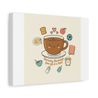 Surviving Mornings (One Sip at a Time) Canvas | Parenting Morning Humor, Coffee & Kids