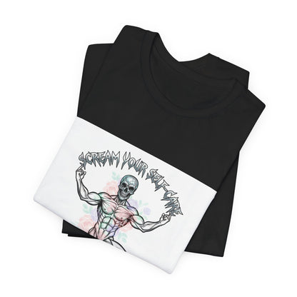 Hard Rock Motivational Skull Yoga Tee | metal font shirt, gothic wellness quote