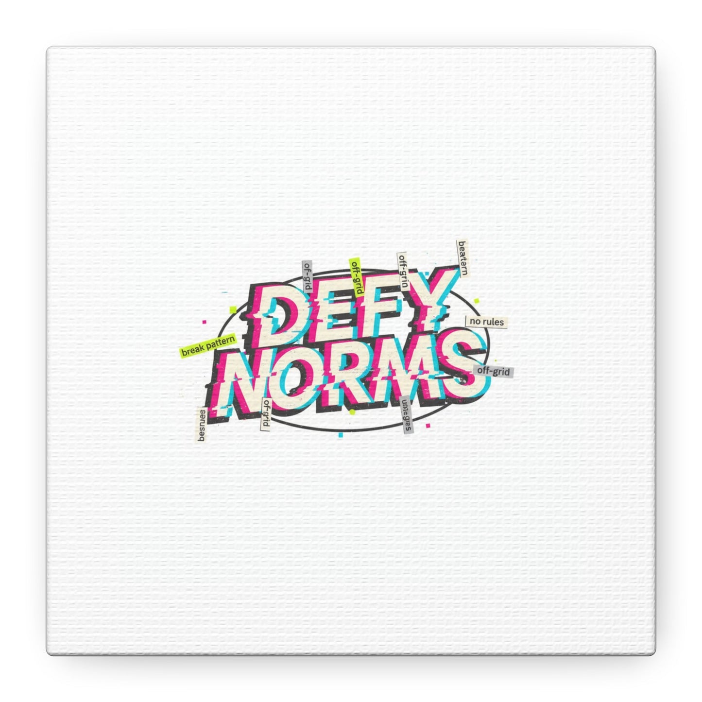 Defy Norms Canvas, Anti-Aesthetic Glitch Typography, Brutalist Poster Style