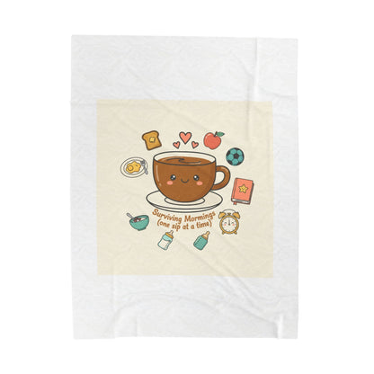 Surviving Mornings Coffee Mug Illustration Velveteen Plush Blanket | Parenting Morning Humor
