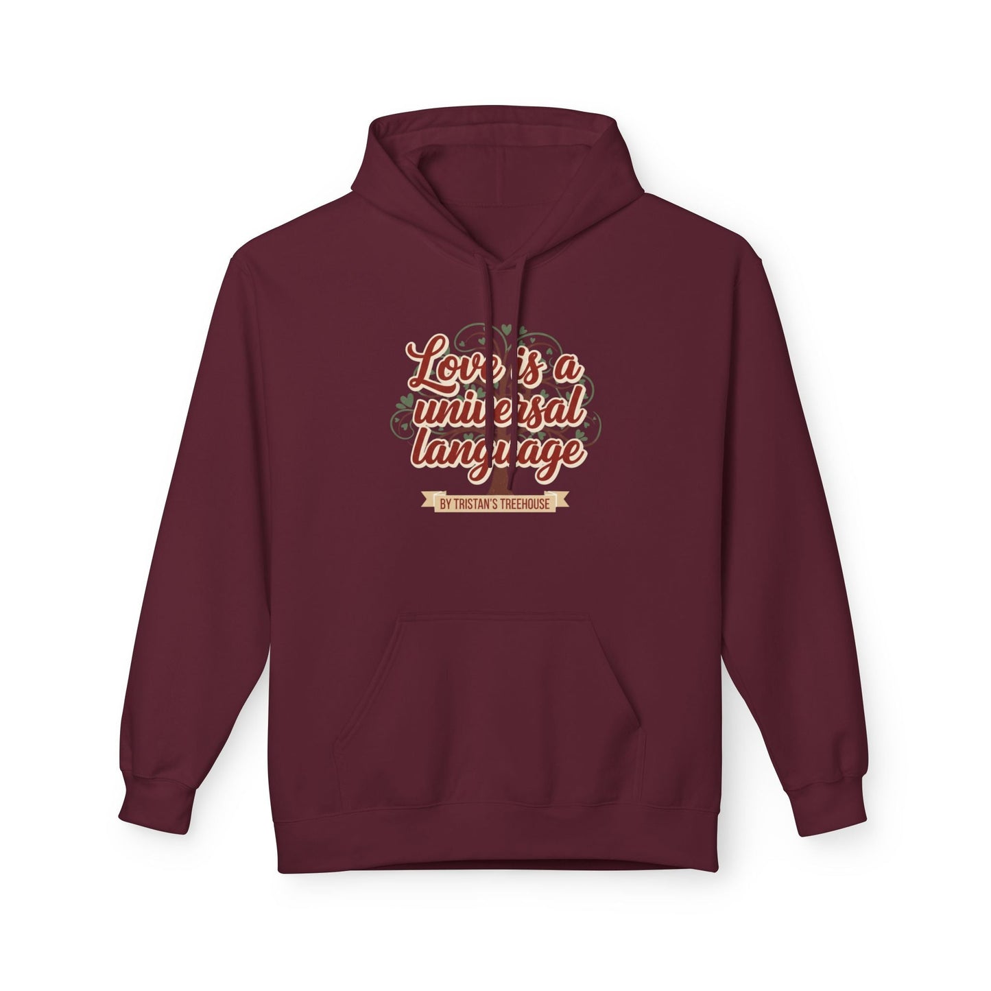 Hoodie — “Love is a Universal Language” Cozy Retro Cabin Graphic Hoodie