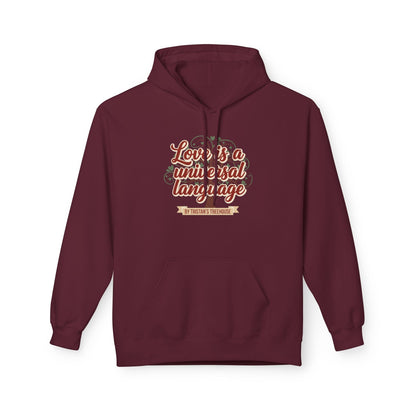 Hoodie — “Love is a Universal Language” Cozy Retro Cabin Graphic Hoodie