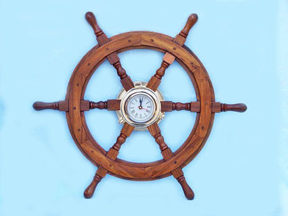 Deluxe Class Wood And Brass Ship Wheel Clock 24""