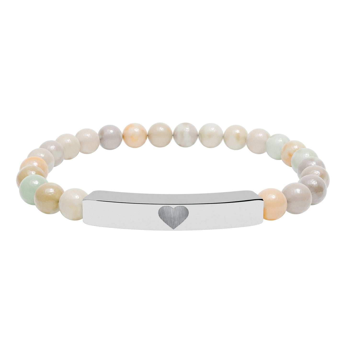 Engraved Natural Stone Stretch Bar Bracelet — Personalized Heart Bar Beaded Bracelet