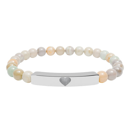 Engraved Natural Stone Stretch Bar Bracelet — Personalized Heart Bar Beaded Bracelet