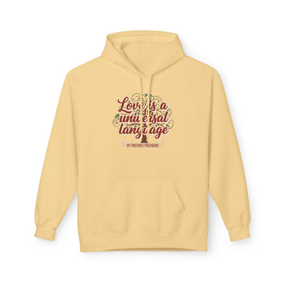 Hoodie — “Love is a Universal Language” Cozy Retro Cabin Graphic Hoodie