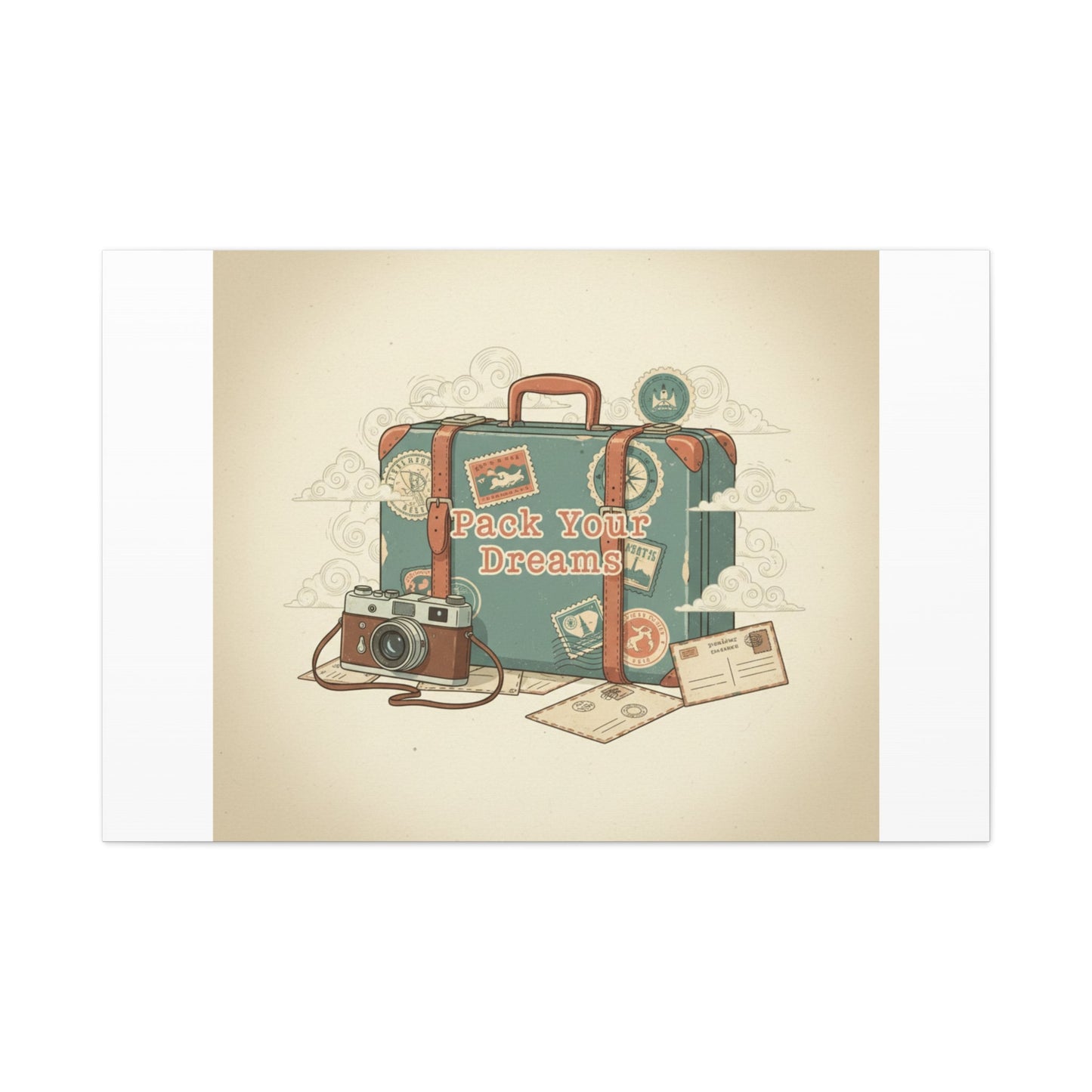 Pack Your Dreams Canvas | Retro Travel Postcard, Wanderlust Passport Stamp Art