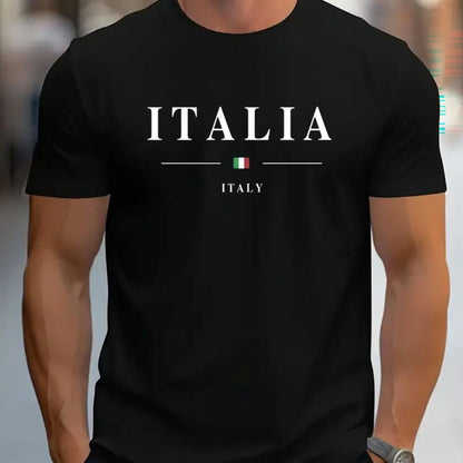 ITALIA Mens TShirt Comfortable Crew Neck Casual Cotton ShortSleeves Soft Breathable Top Menswear Tshirt Summer Spring Streetwear Cotton Fabric Trendy Letter Print