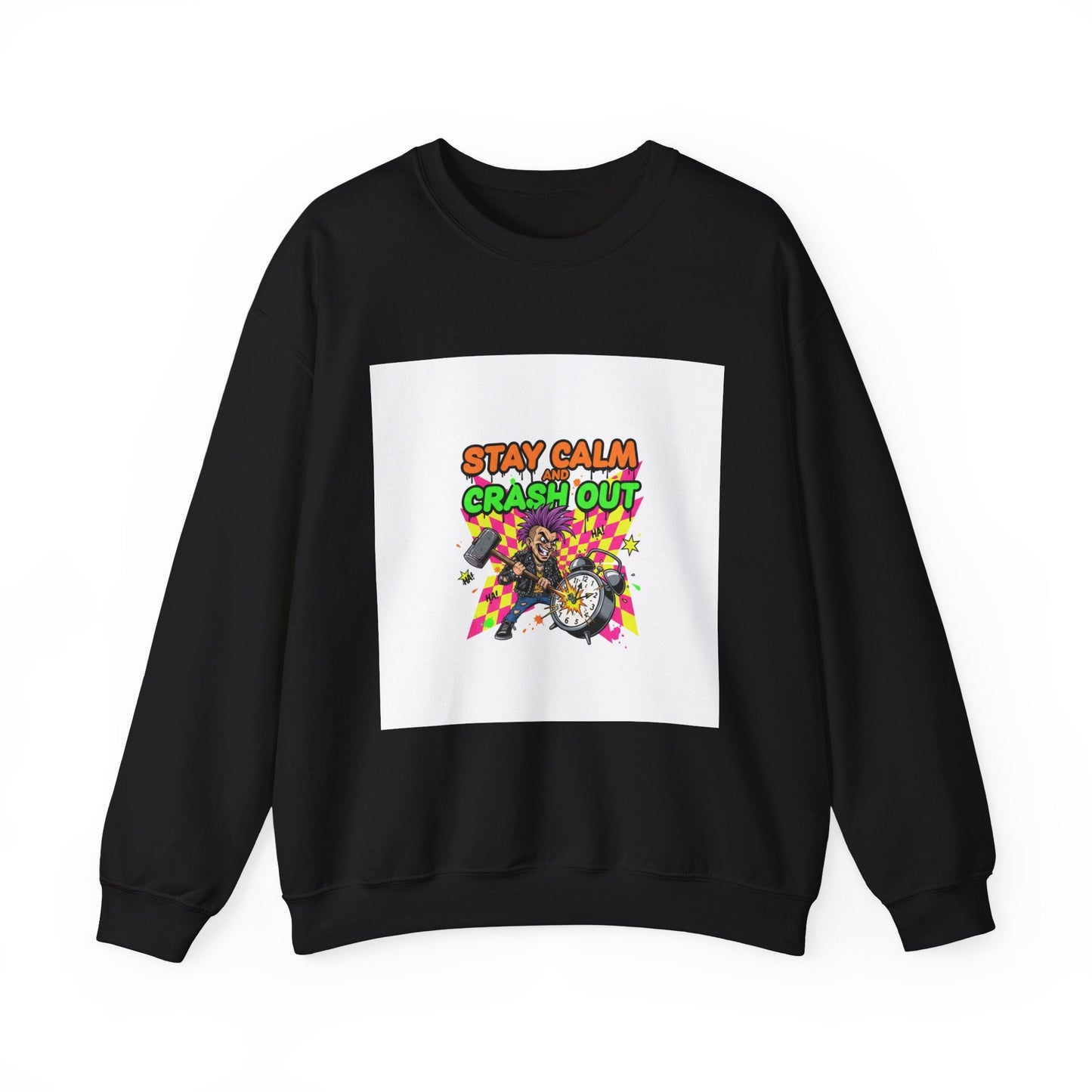 Stay Calm Crash Out Crewneck Sweatshirt | neon graffiti, meltdown design