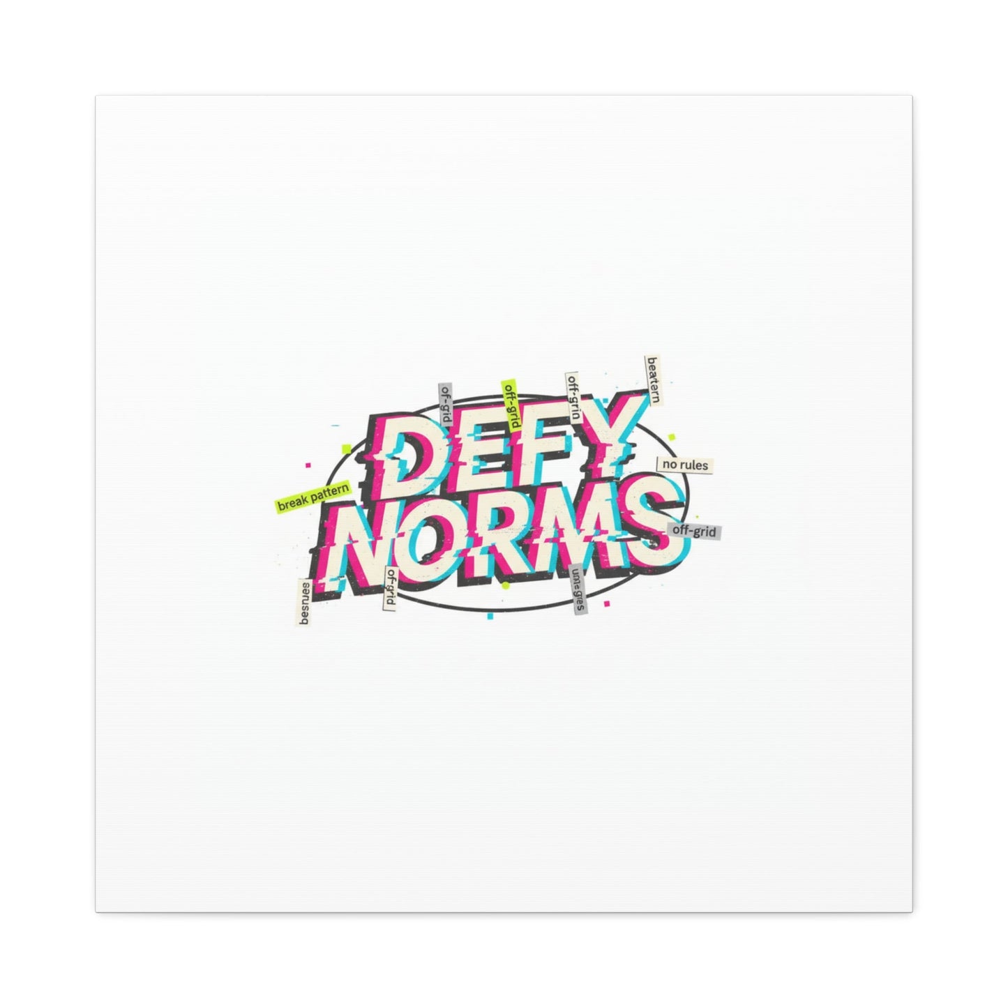 Defy Norms Canvas, Anti-Aesthetic Glitch Typography, Brutalist Poster Style