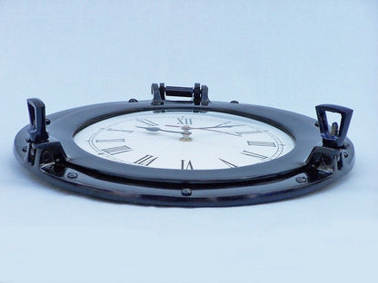 Brass Deluxe Class Porthole Clock 12"" - Dark Blue