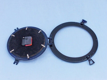 Brass Deluxe Class Porthole Clock 12"" - Dark Blue