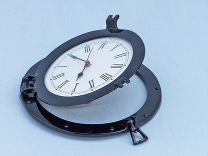 Brass Deluxe Class Porthole Clock 12"" - Dark Blue