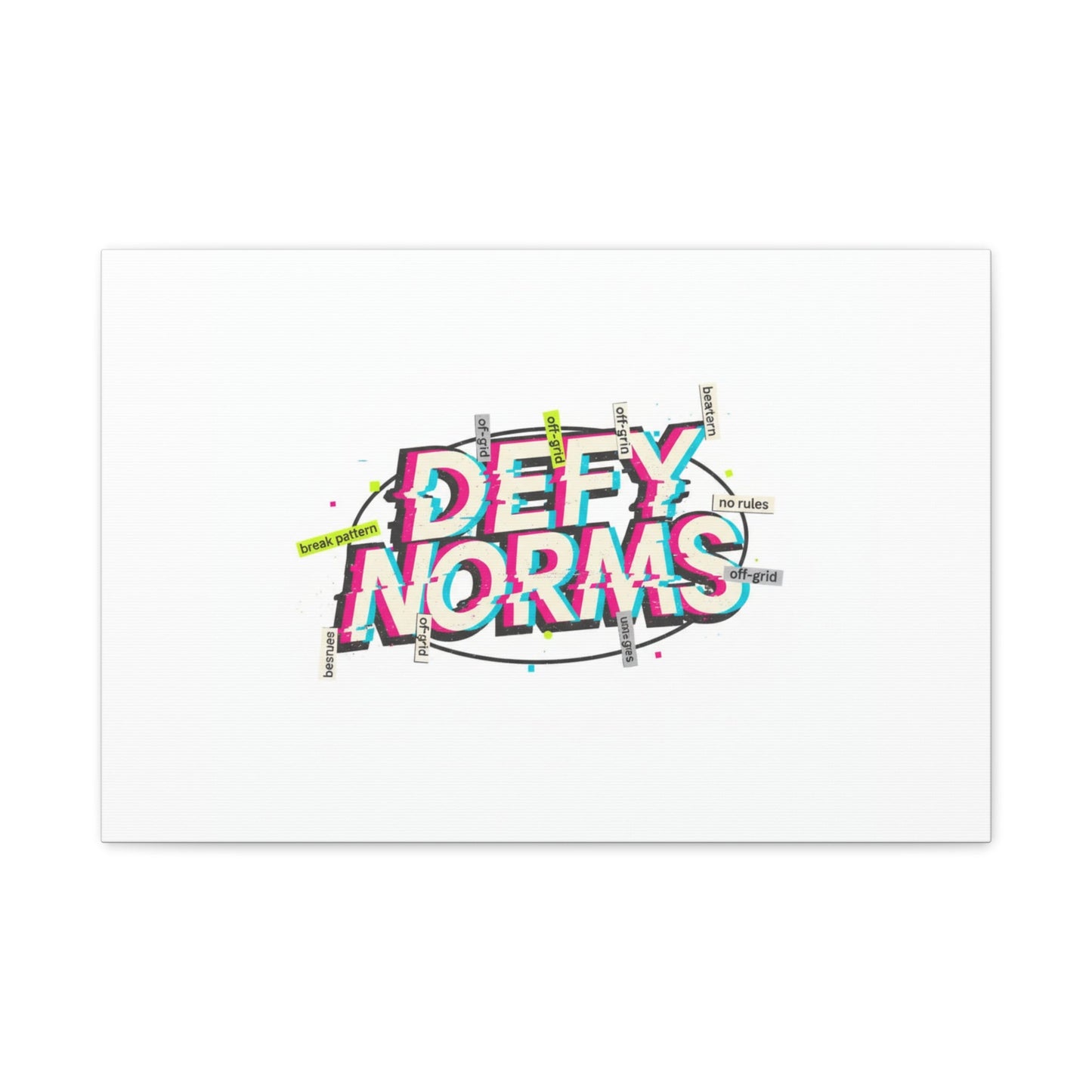 Defy Norms Canvas, Anti-Aesthetic Glitch Typography, Brutalist Poster Style