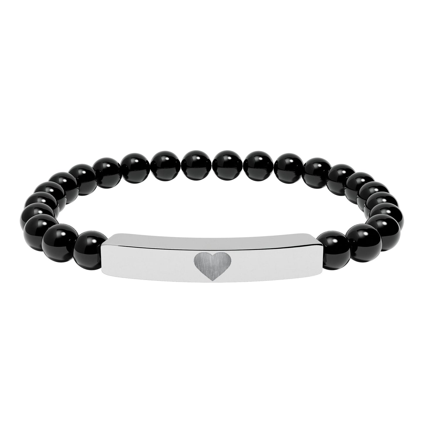 Engraved Natural Stone Stretch Bar Bracelet — Personalized Heart Bar Beaded Bracelet