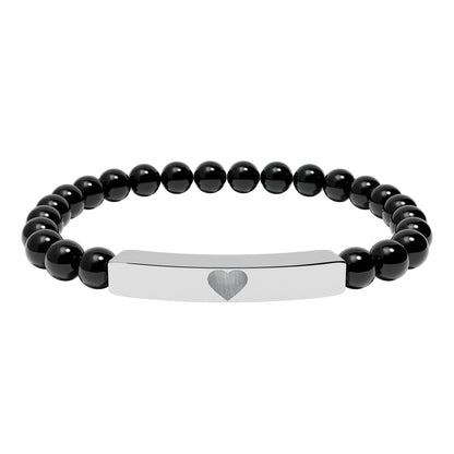 Engraved Natural Stone Stretch Bar Bracelet — Personalized Heart Bar Beaded Bracelet
