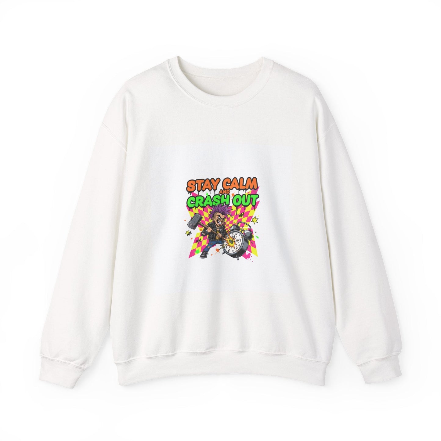 Stay Calm Crash Out Crewneck Sweatshirt | neon graffiti, meltdown design