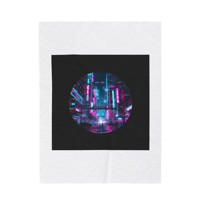 Neon Cyberpunk Cityscape Velveteen Plush Blanket | synthwave skyline