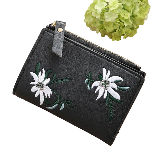 Women's Embroidered PU Leather Zipper Wallet - Slim Korean Style Floral Coin Purse