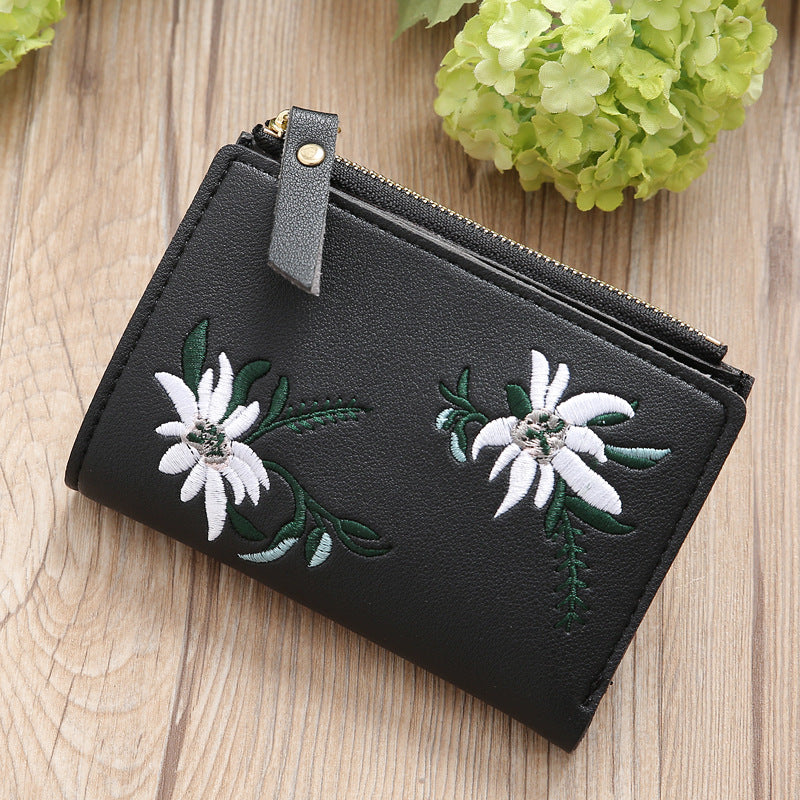 Women's Embroidered PU Leather Zipper Wallet - Slim Korean Style Floral Coin Purse