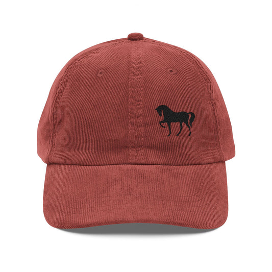 Vintage Corduroy Baseball Cap — Embroidered Horse Logo, Rustic Casual Hat
