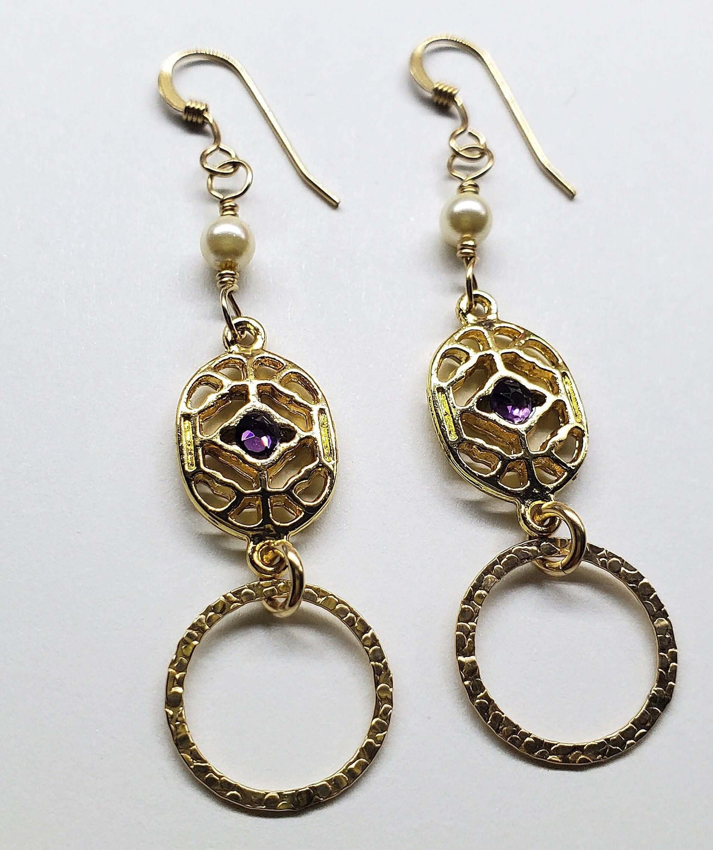 14 K Gold Filled Purple Crystal Circle Filigree Earrings