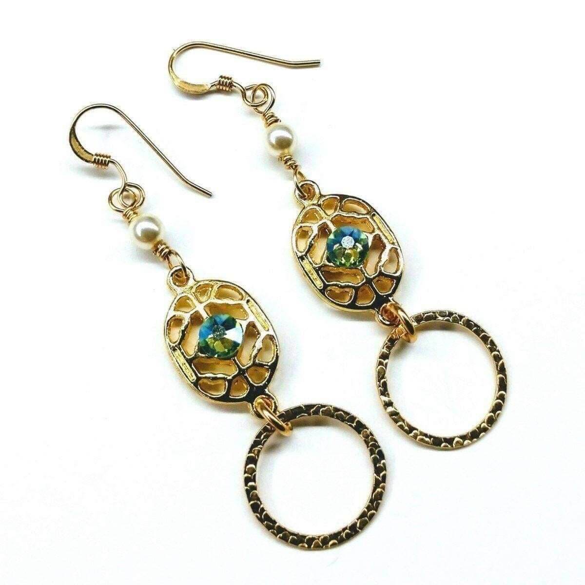 14 KT Gold Filled Green Crystal Circle Filigree Earrings