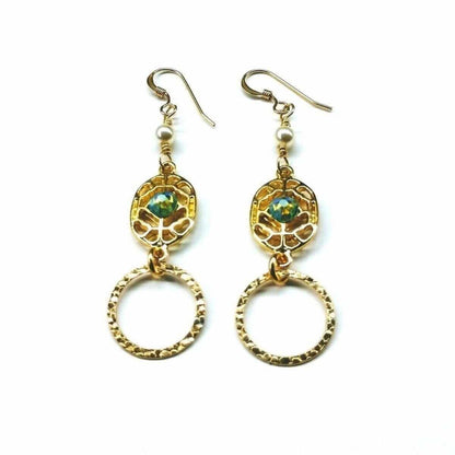 14 KT Gold Filled Green Crystal Circle Filigree Earrings