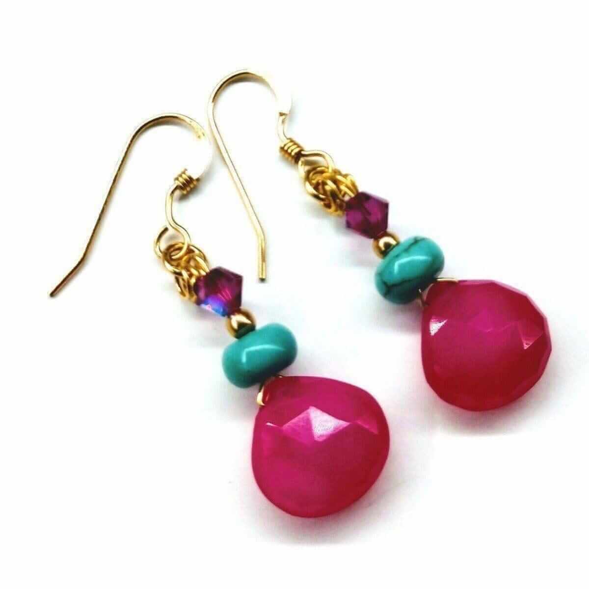 Gold Filled Wire Wrapped Pink And Aqua Gemstone Earrings