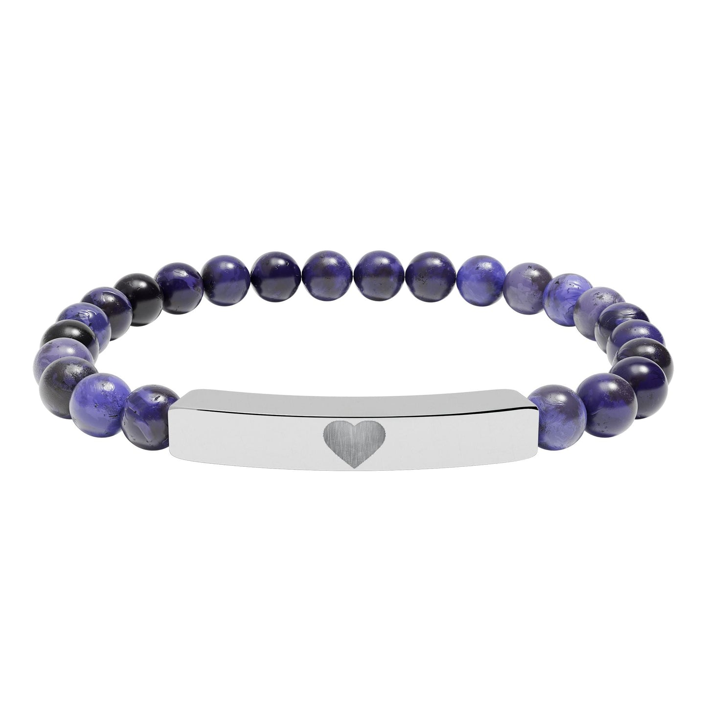 Engraved Natural Stone Stretch Bar Bracelet — Personalized Heart Bar Beaded Bracelet