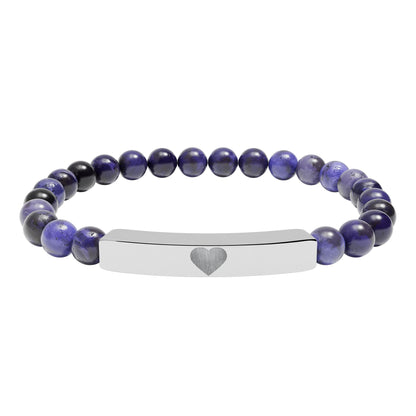 Engraved Natural Stone Stretch Bar Bracelet — Personalized Heart Bar Beaded Bracelet