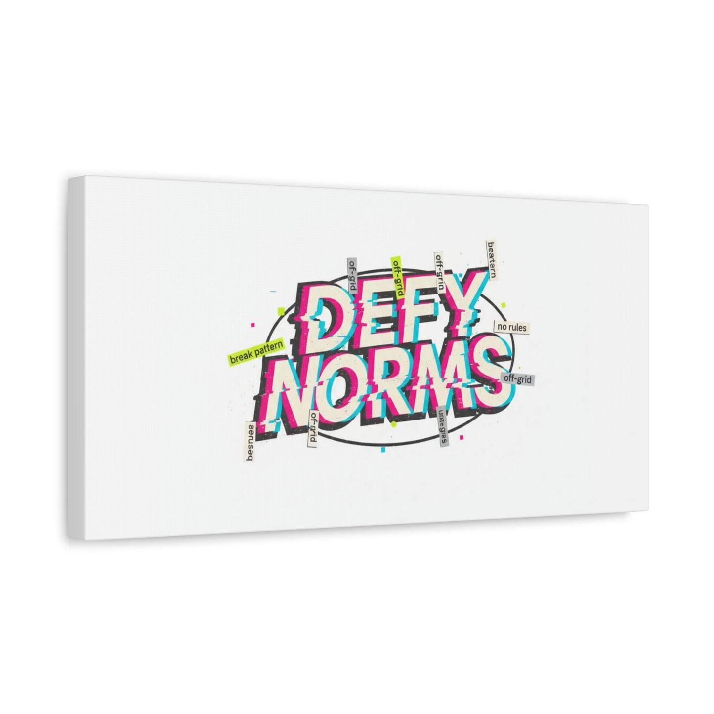 Defy Norms Canvas, Anti-Aesthetic Glitch Typography, Brutalist Poster Style