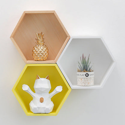Nordic Hexagon Solid Wood Wall Shelf - Geometric Floating Decorative Display Rack