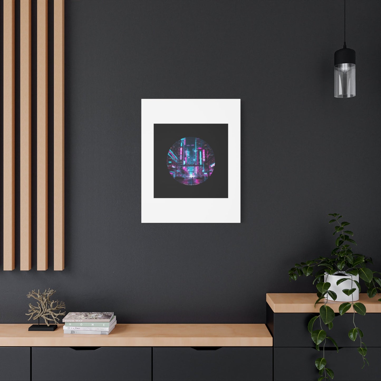 Neon Cyberpunk Cityscape Canvas | synthwave skyline, future city art