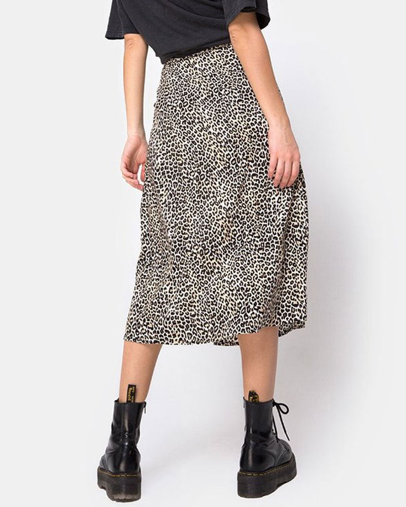 Leopard print floral print high waist stretch slit long A-line skirt