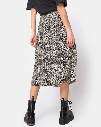 Leopard print floral print high waist stretch slit long A-line skirt