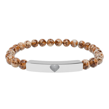 Engraved Natural Stone Stretch Bar Bracelet — Personalized Heart Bar Beaded Bracelet