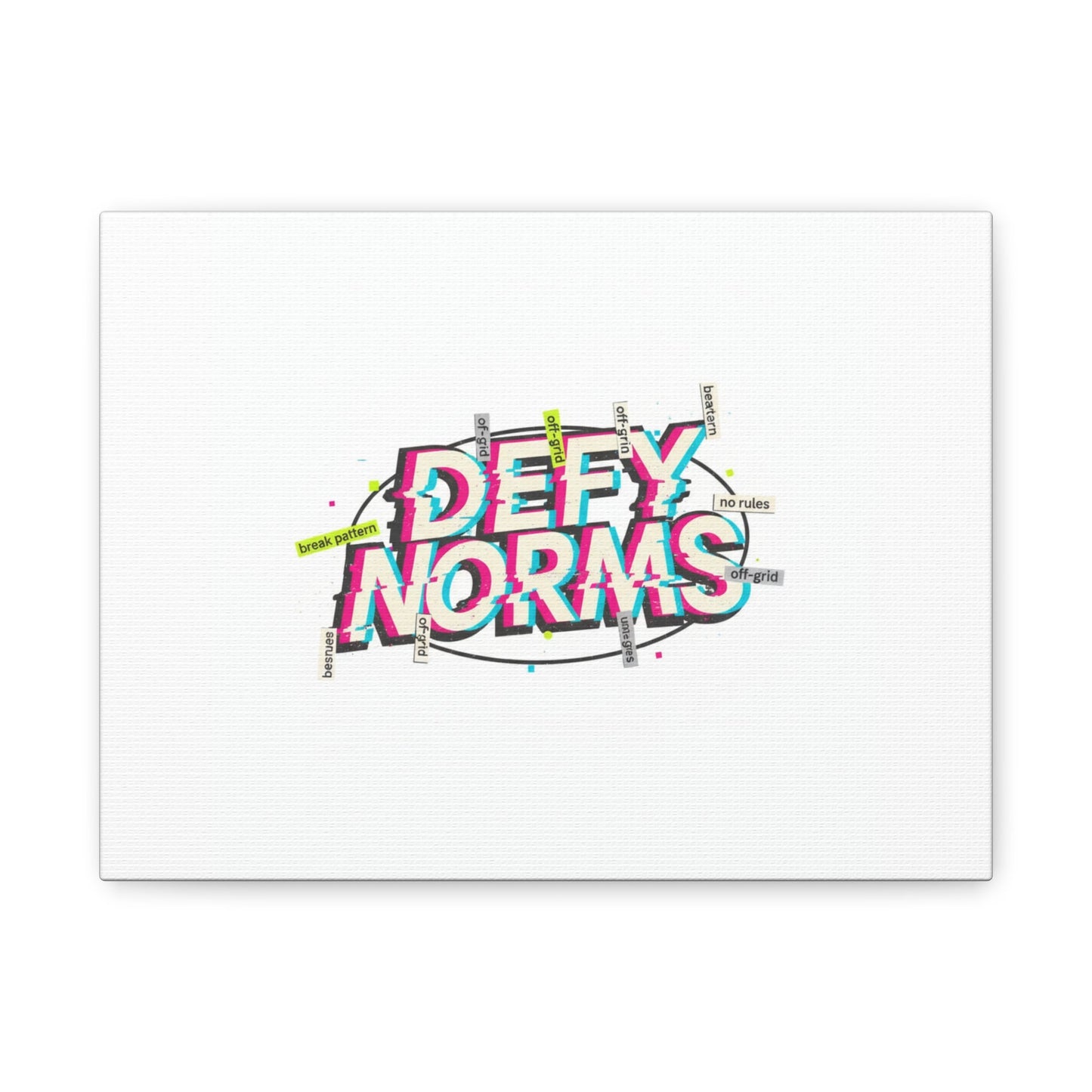 Defy Norms Canvas, Anti-Aesthetic Glitch Typography, Brutalist Poster Style