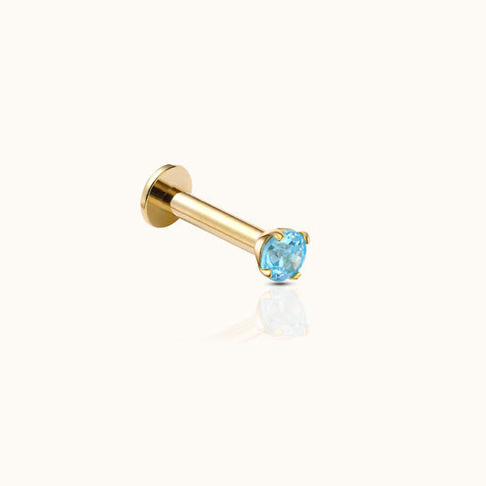 14K Solid Gold 2mm Aquamarine CZ Threadless Labret Flat Back Earring