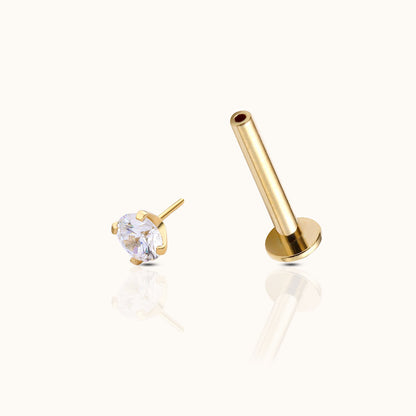 14K Solid Gold 2mm White CZ Threadless Labret Flat Back Earring