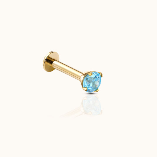 14K Solid Gold 3mm Aquamarine CZ Threadless Labret Flat Back Earring