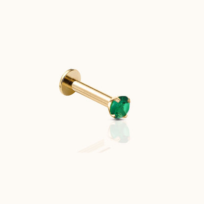 14K Solid Gold 2mm Emerald Green CZ Threadless Labret Flat Back Earring