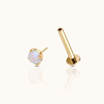 14K Solid Gold 3mm Opal Threadless Labret Flat Back Earring