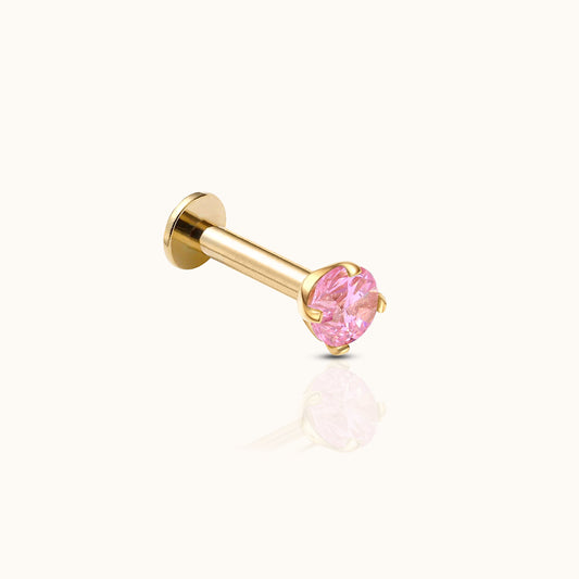 14K Solid Gold 3mm Pink CZ Threadless Labret Flat Back Earring