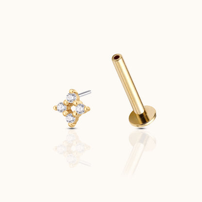 14K Solid Gold Four-point Cluster CZ Threadless Labret Flat Back Earring