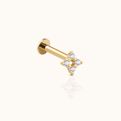 14K Solid Gold Four-point Cluster CZ Threadless Labret Flat Back Earring